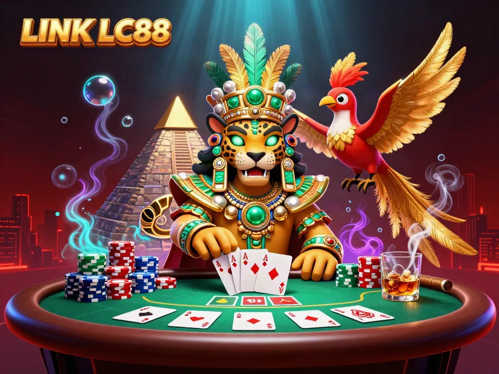 Engage with thrilling poker action at LINK LC88, featuring a Mayan priest and poker elements.