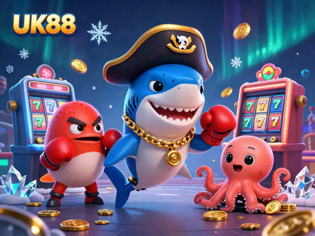 Experience UK88 with a vibrant casino scene featuring a playful pirate shark and friends.