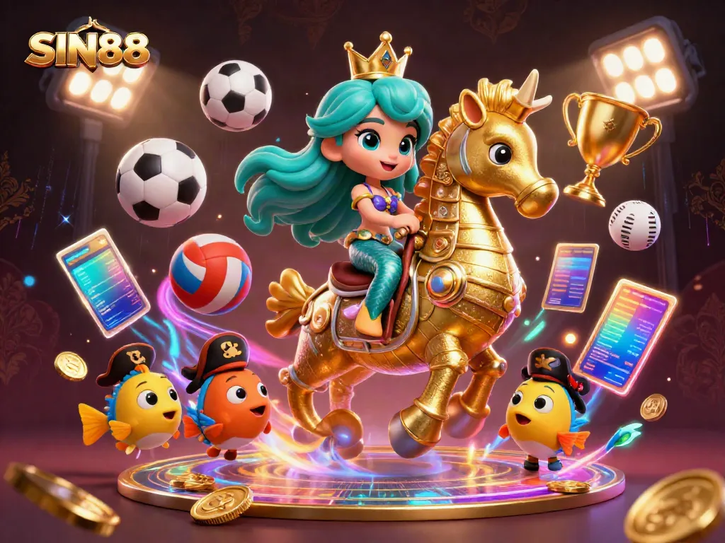SIN88 showcases vibrant 3D mermaid princess and seahorse in action-packed casino scene, emphasizing sports betting excitement.