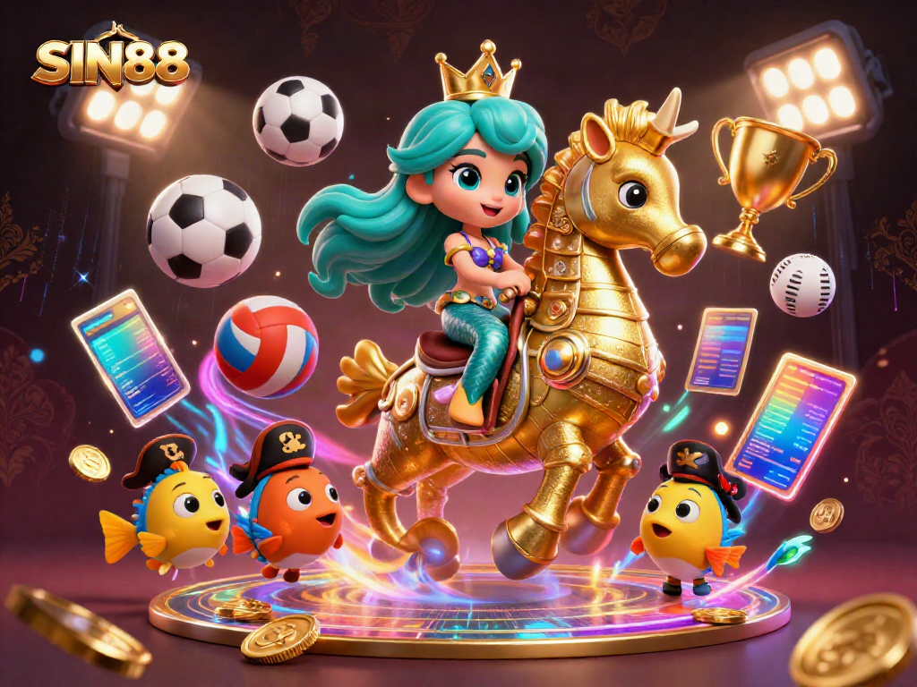 SIN88 showcases vibrant 3D mermaid princess and seahorse in action-packed casino scene, emphasizing sports betting excitement.