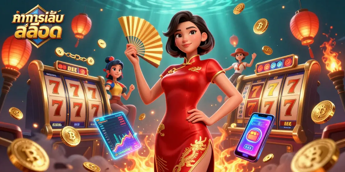 Experience ทดลองเล่นสล็อต with vibrant visuals, slot reels, and golden coins in an immersive gaming atmosphere.