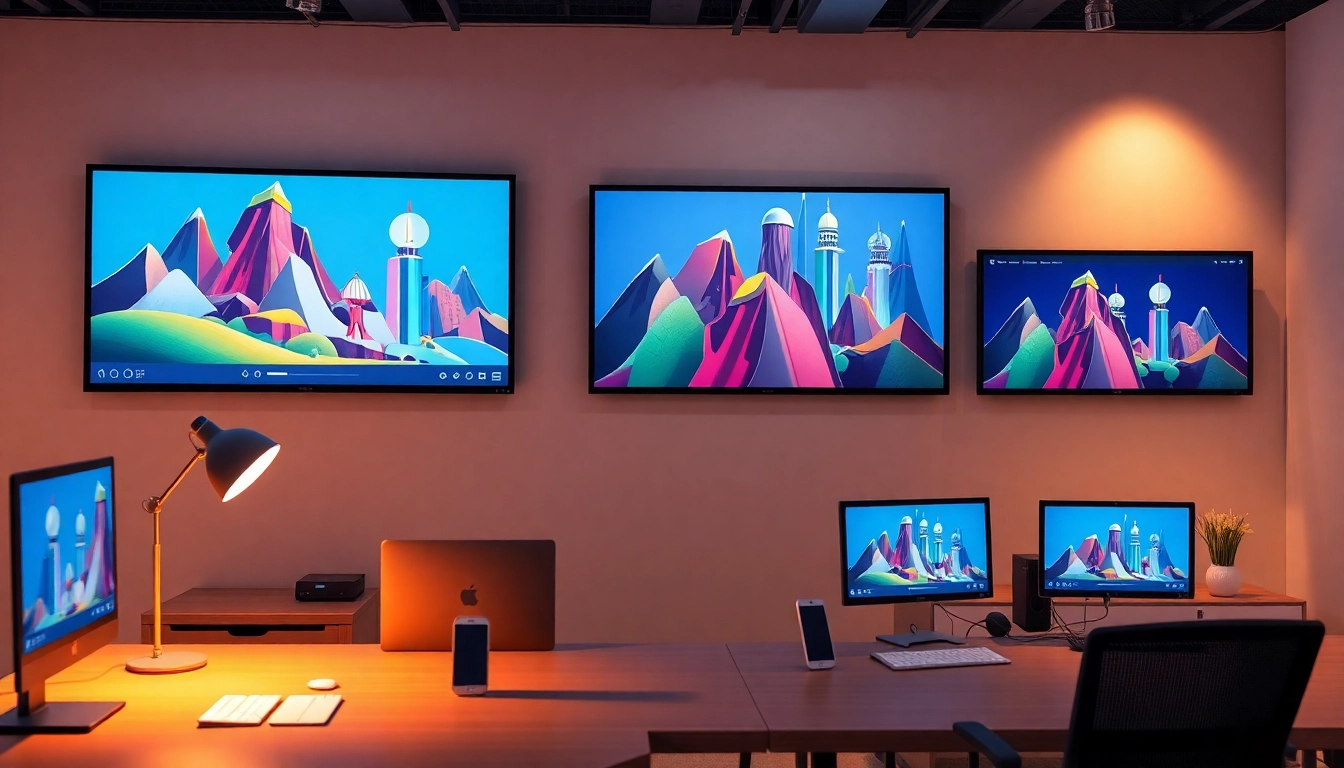 Showcase engaging Unternehmensanimation designs on modern screens in a creative workspace.