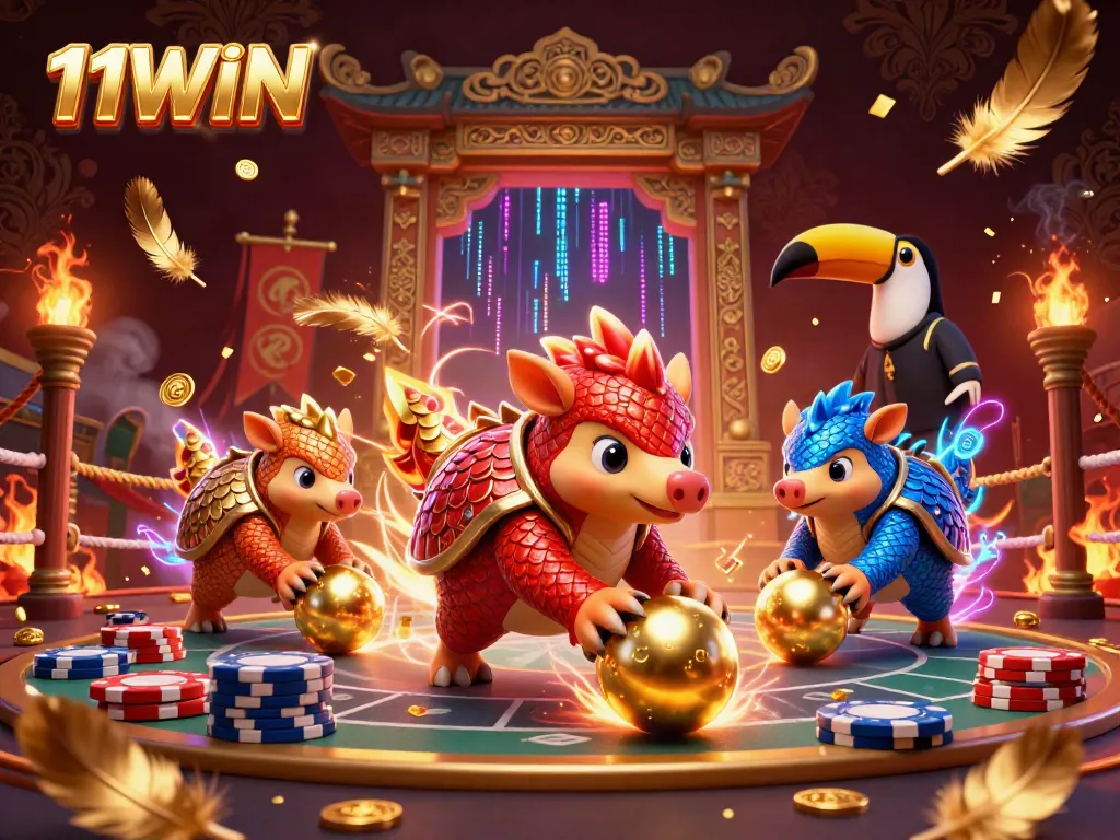 Celebrate 11WIN's rich gaming experience with animated pangolins bowling through poker chips.