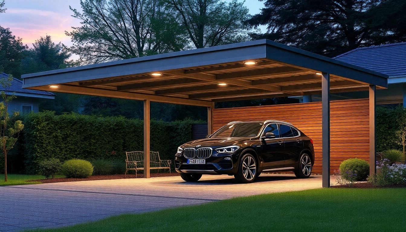 Schützen Sie Ihr Fahrzeug mit einem stabilen Carport Metall in einem einladenden Gartenambiente.