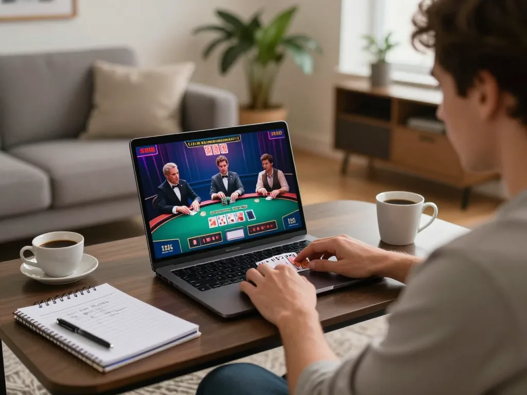 Player enjoying a live dealer blackjack game on their laptop, showcasing sunwin’s engaging online gaming experience at home