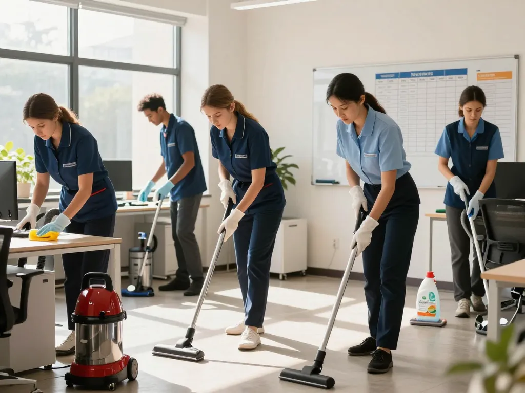 Professioneller Gebäudeservice in Münster: engagiertes Reinigungsteam im Einsatz im Unternehmensbüro
