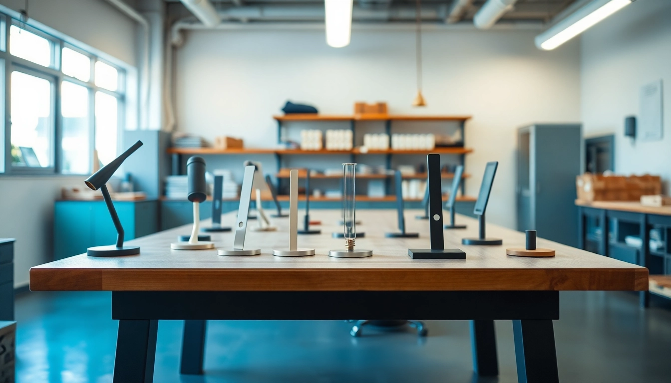 Zeigen Sie verschiedene Abstandshalter von abstandshalter.com auf einem modernen Werkstatttisch, um Vielfalt und Qualität zu demonstrieren.