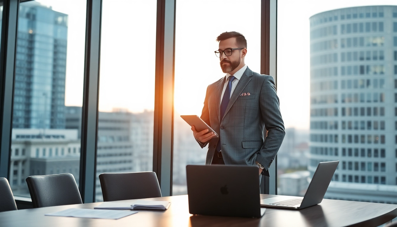 Headhunter im modernen Büro, während er potentielle Kandidaten auf einem Tablet überprüft.