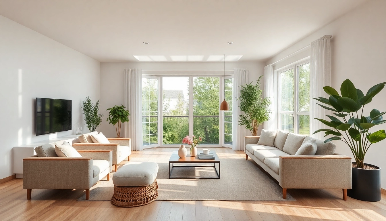 Moderne Raumgestaltung zeigt ein helles Wohnzimmer mit eleganter Einrichtung.