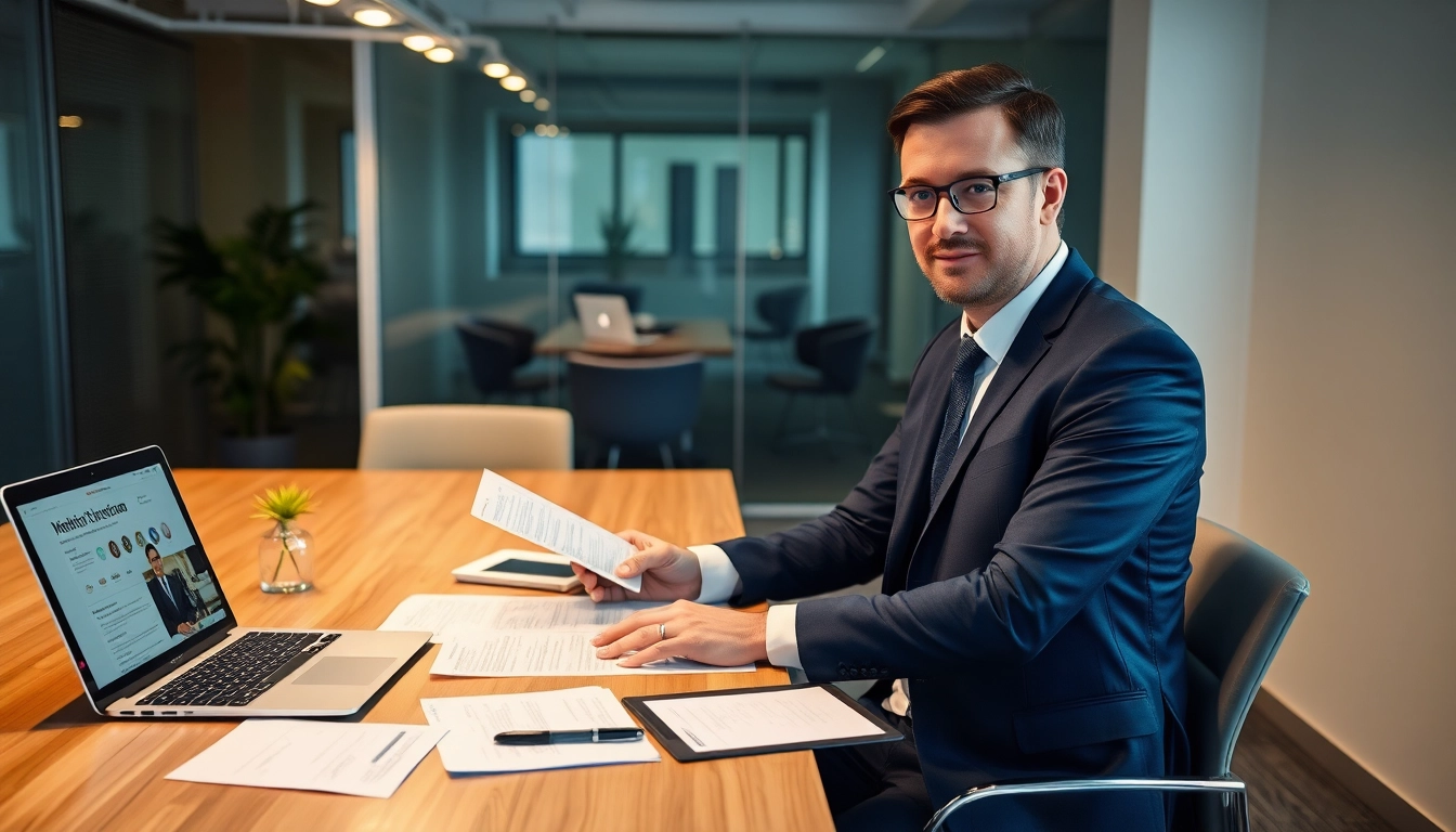 Der Headhunter Wiesbaden analysiert Lebensläufe in seinem modernen Büro und plant eine Videokonferenz.