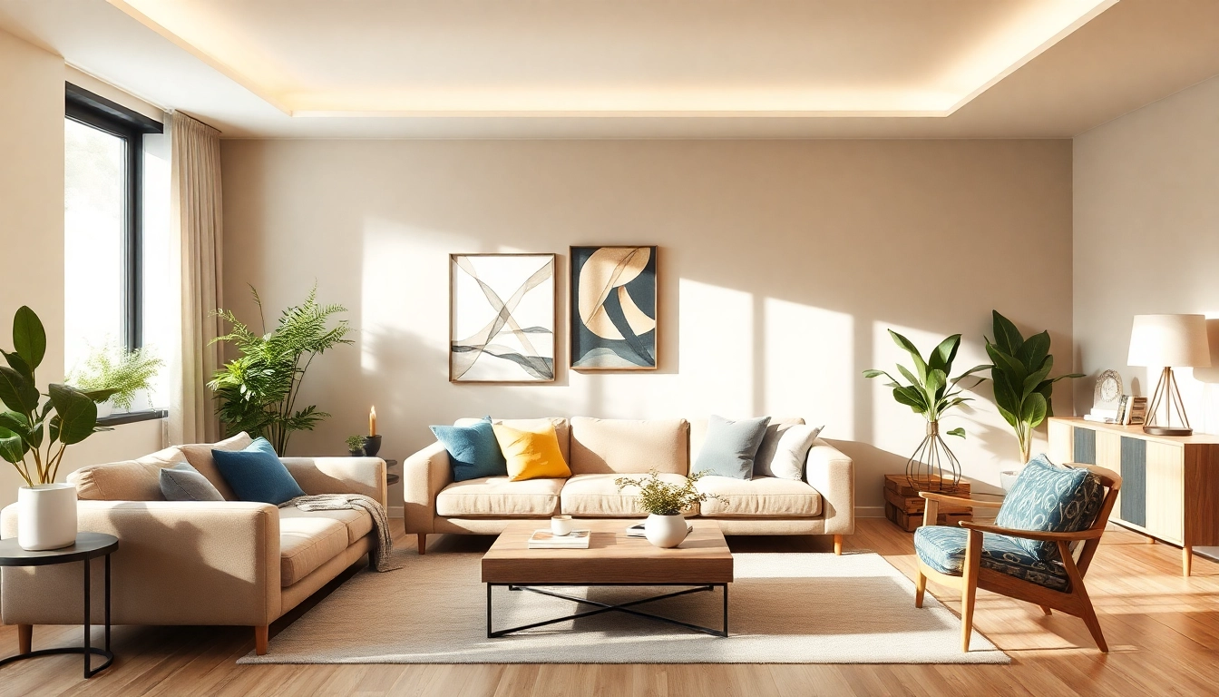 Raumgestaltung eines einladenden Wohnzimmers mit warmen Farben und stilvollen Möbeln.