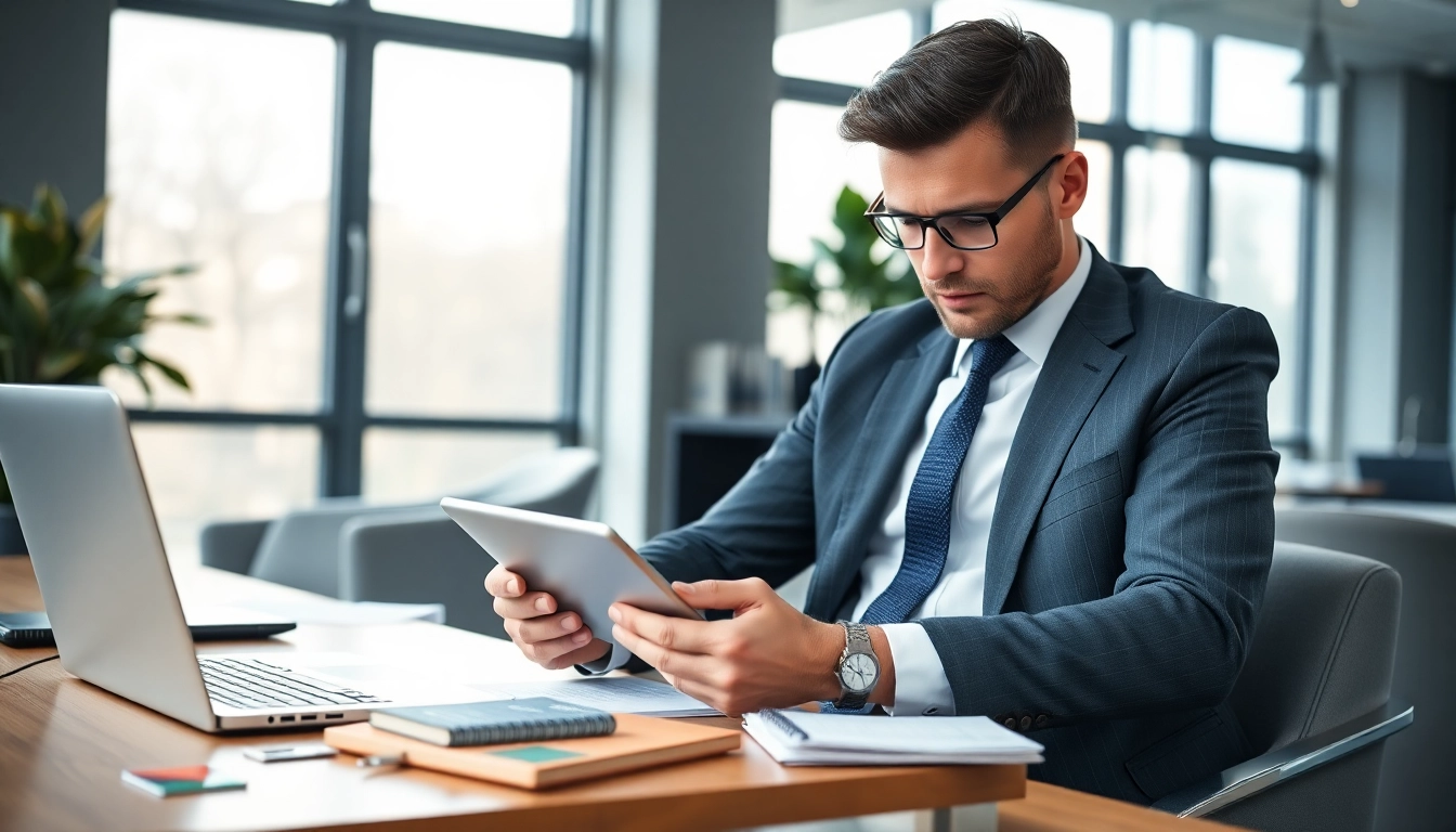 Headhunter Köln reviewing resumes in a modern office setup.