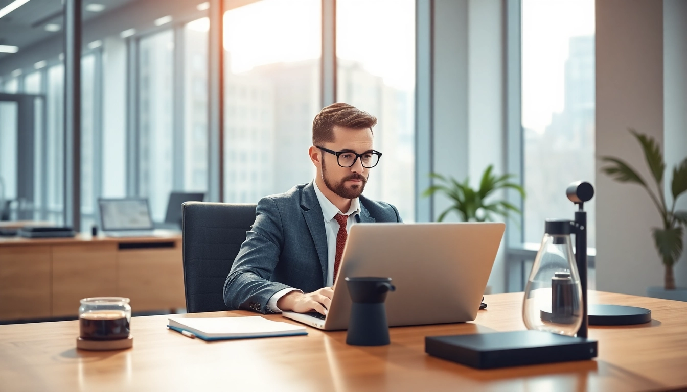Headhunter IT-Experte arbeitet an einem Laptop in modernem Büro mit technischer Ausstattung.