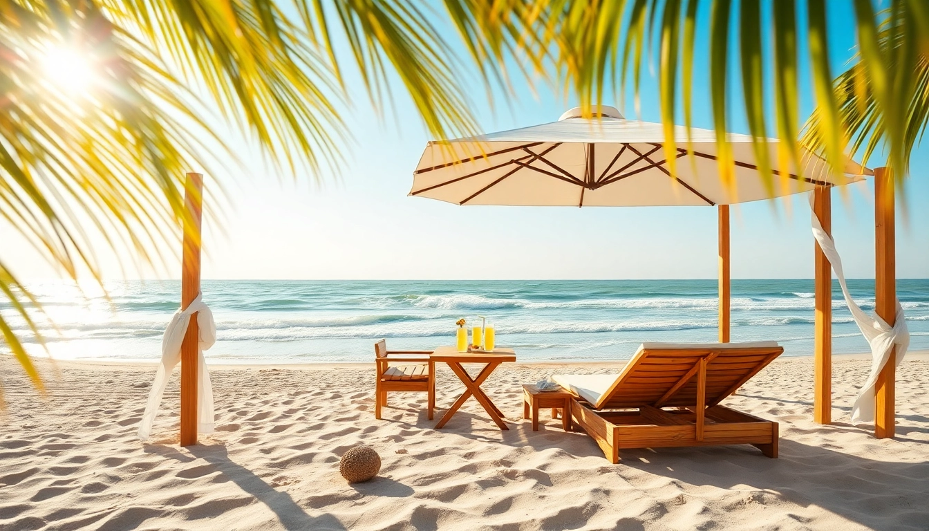 Entspannen Sie in dieser Coastal Cabana mit Sonnenschirmen und Liegestühlen am Strand.