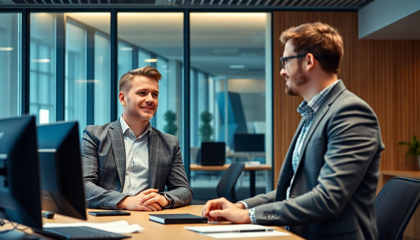 Headhunter IT im Gespräch mit einem talentierten IT-Experten in einem modernen Büro.