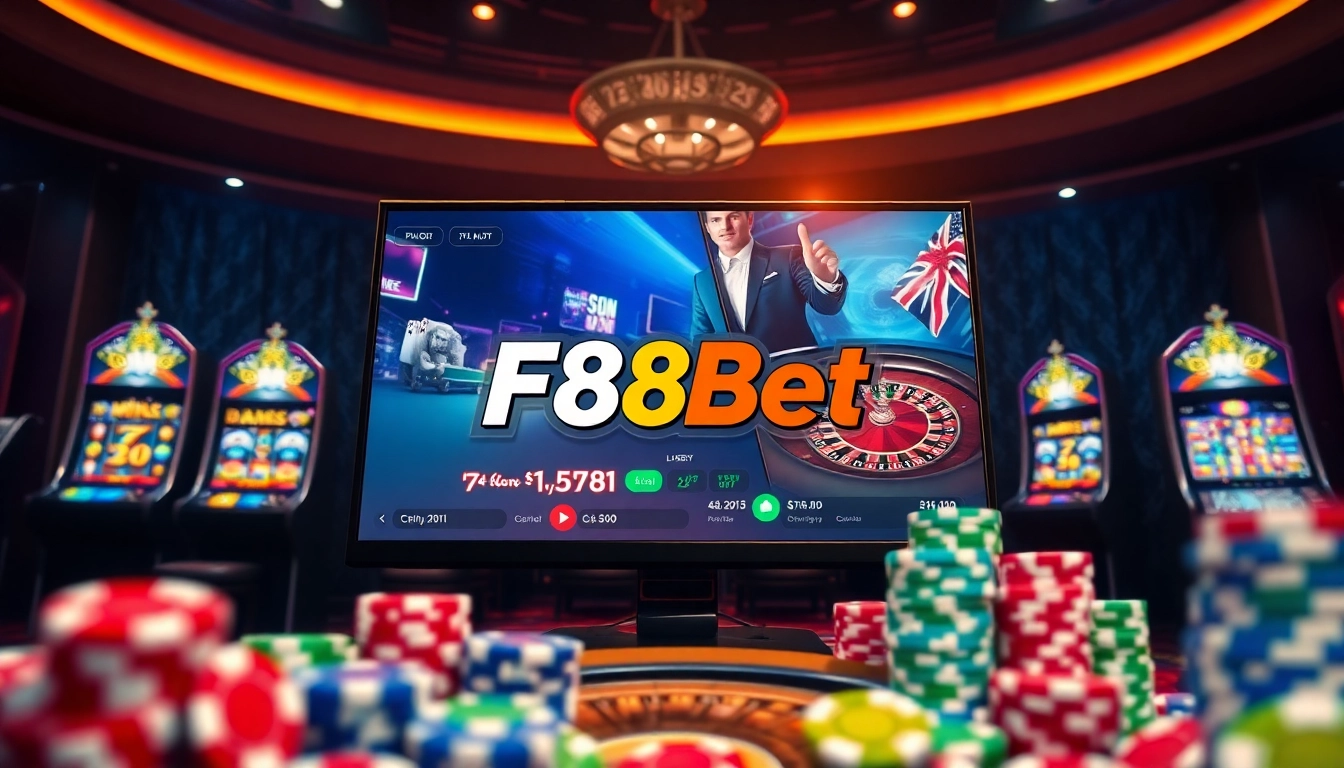 F8Bet online gaming interface displaying exciting casino games amidst vibrant poker chips.