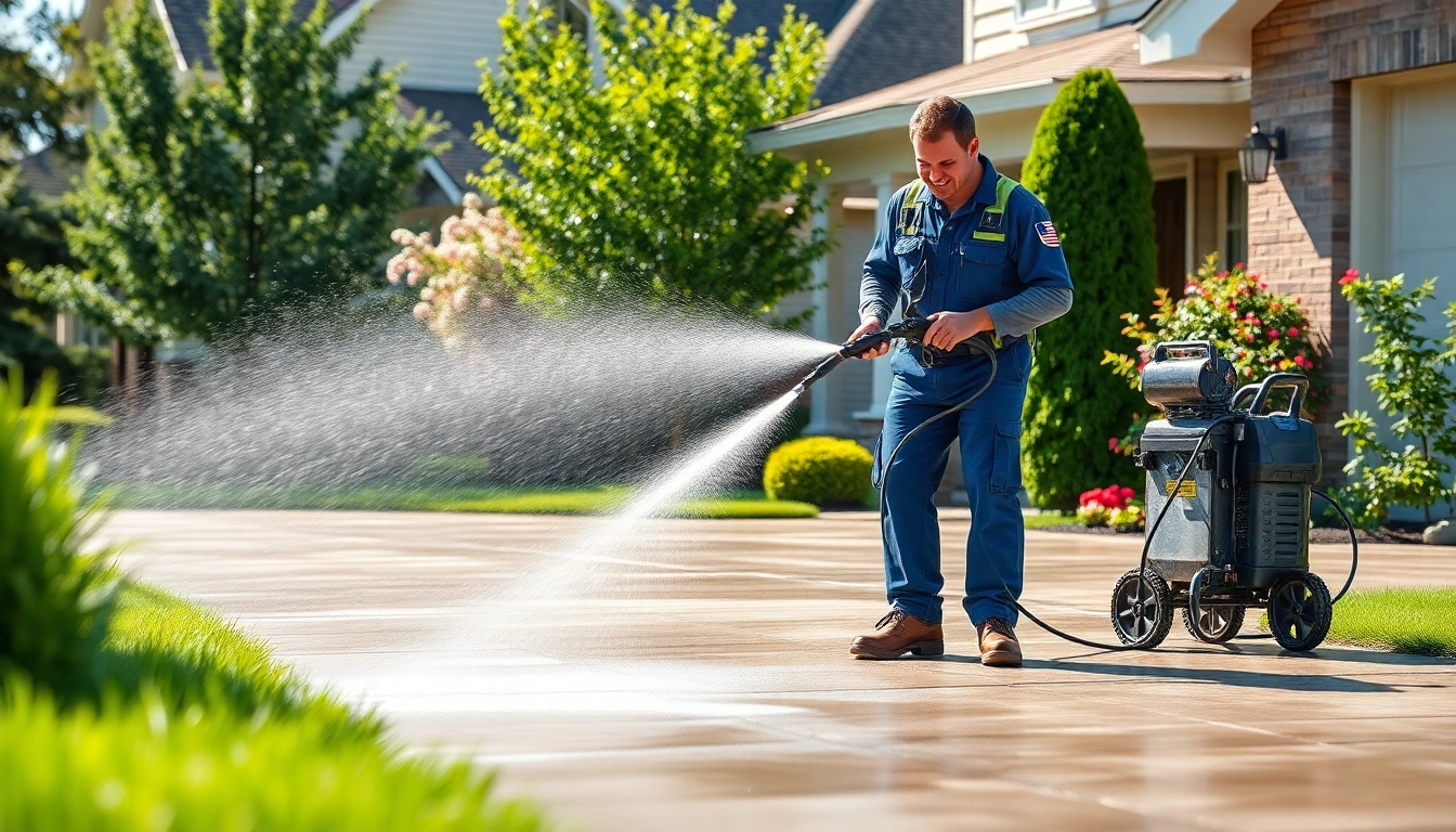 Driveway pressure wash performed by a professional technician, showcasing powerful cleaning action.