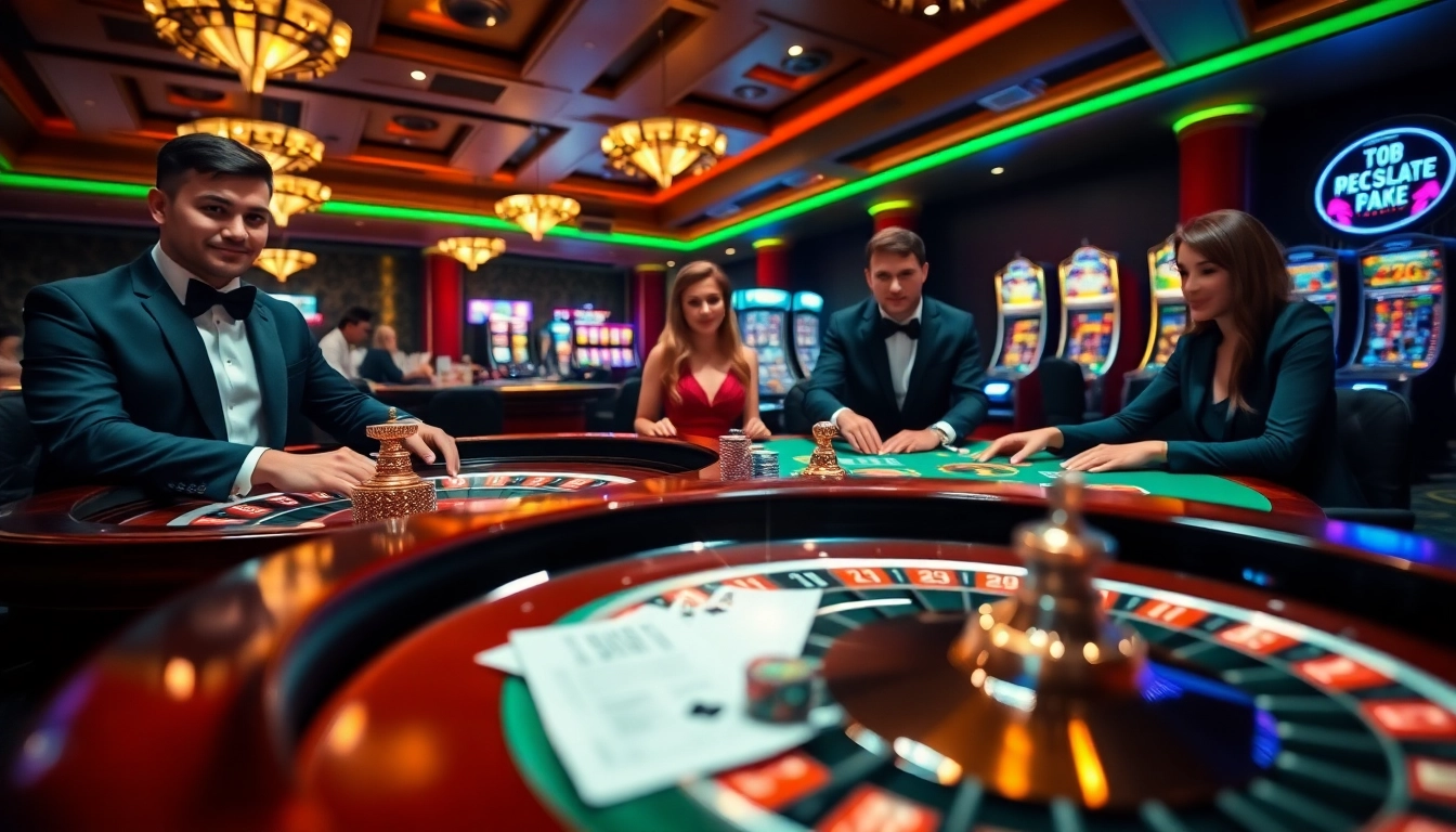 Players strategizing at rr88 casino tables with chips, roulette wheels, and slot machines visible.