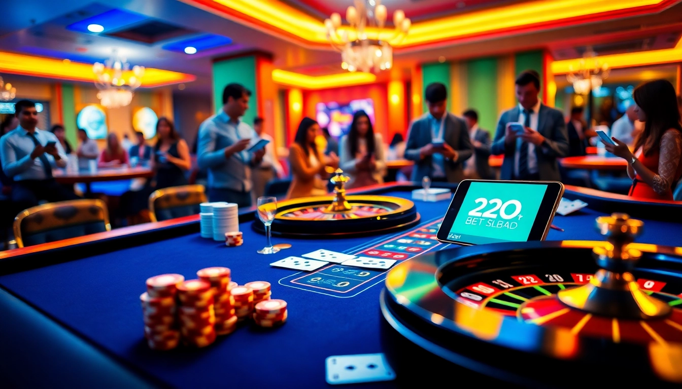 20bet Download app showcased in a vibrant casino setting with poker elements and digital gaming interfaces.