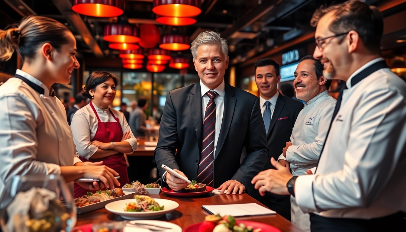 Headhunter Gastronomie engaged in vibrant restaurant networking, discussing with chefs and managers.