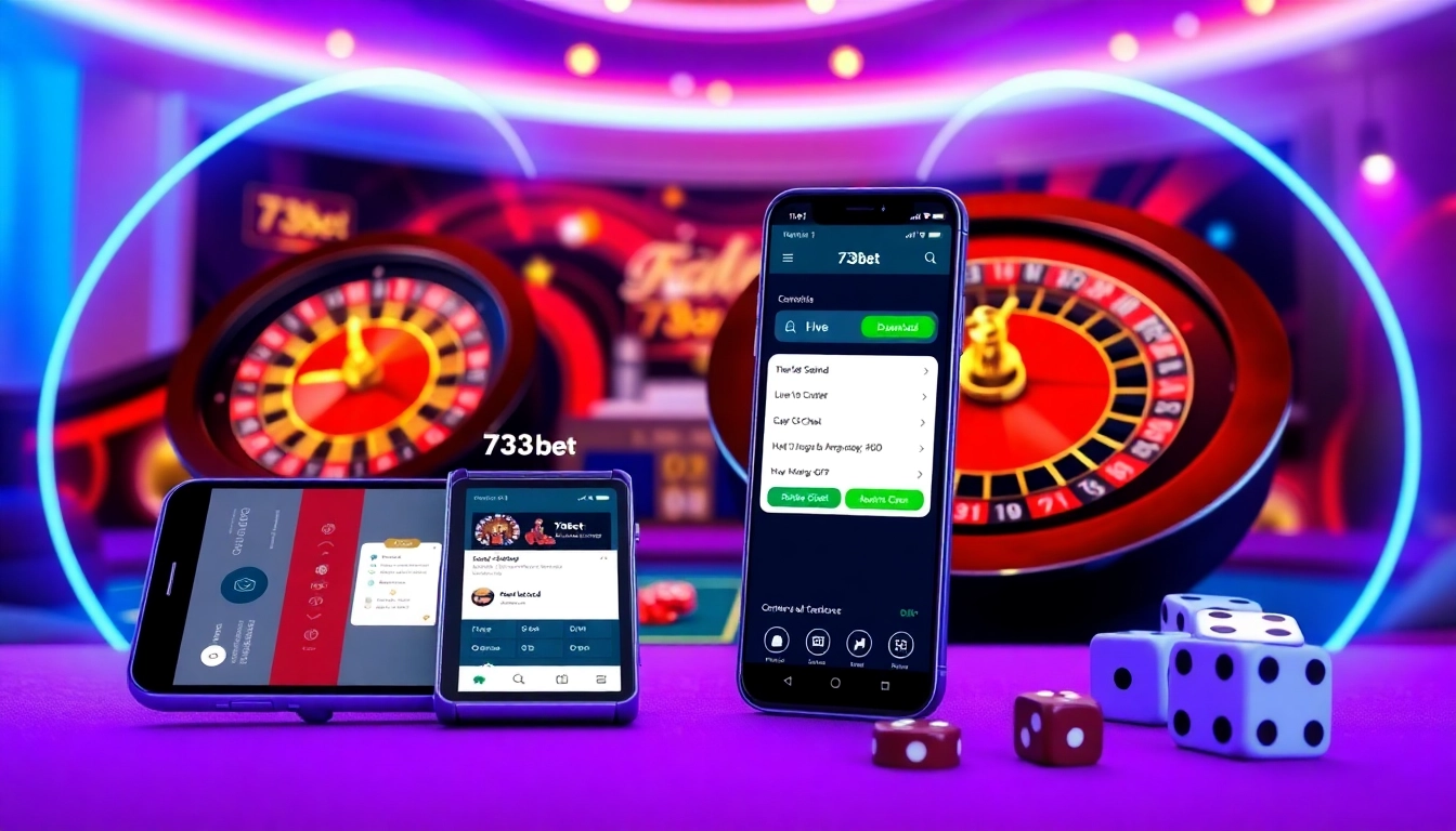 A dynamic scene depicting 733bet Download showcasing online gambling excitement with poker chips, a roulette wheel, and a player-friendly interface.