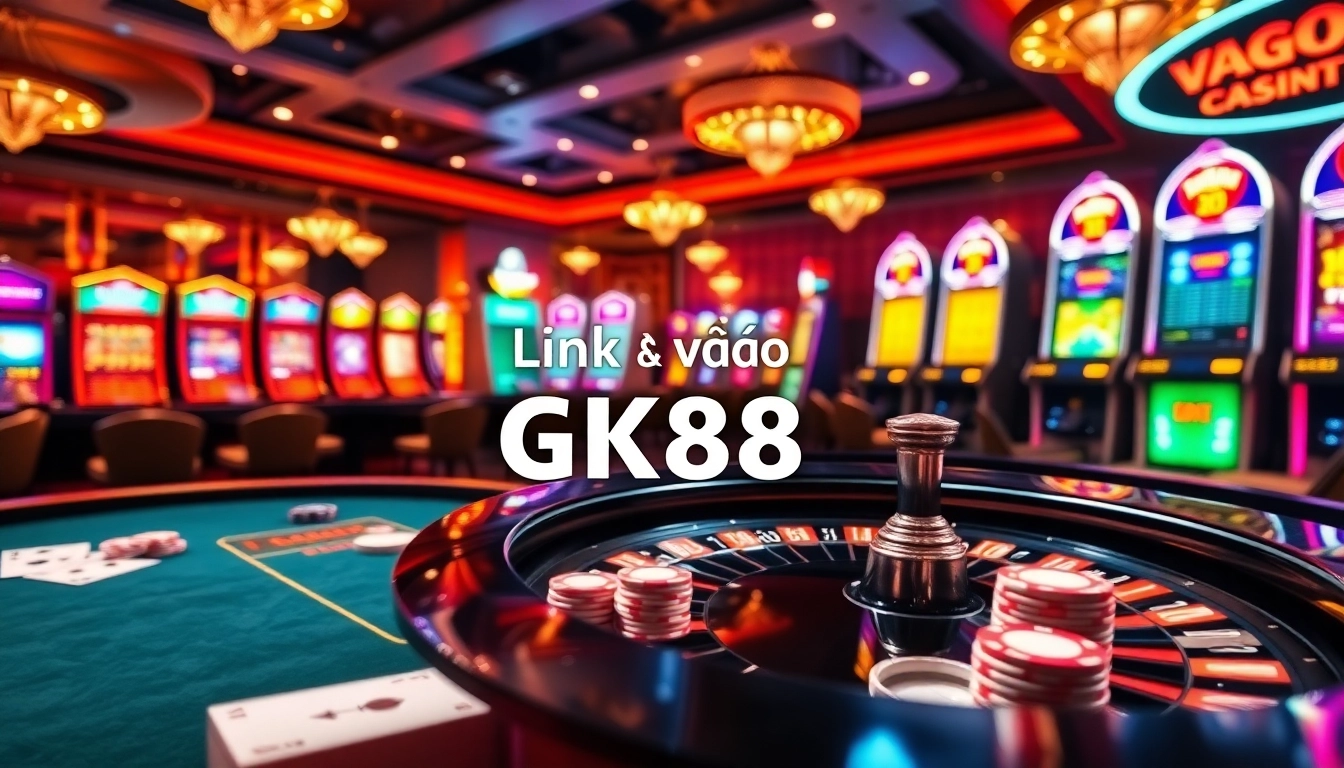 Experience thrilling gaming action with Link vào GK88 displayed prominently in a luxurious casino.