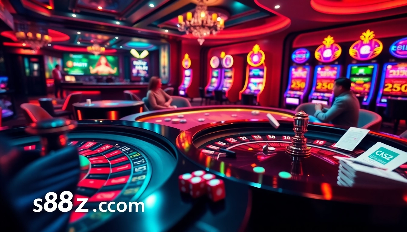 Exciting casino scene showcasing s8cz.com with players at poker tables and vibrant slot machines.