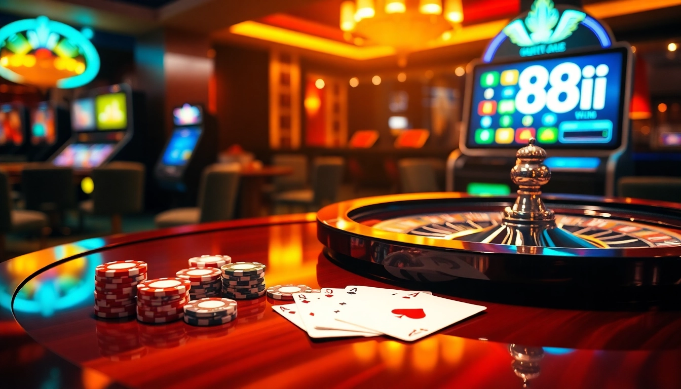 Experience the exhilarating action at 88i nhà cái with vibrant casino elements including roulette and poker chips.