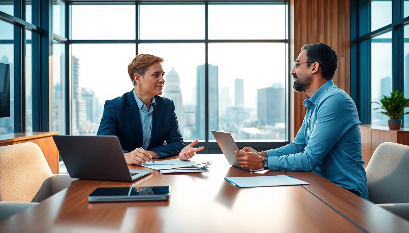 Personalberater diskutiert mit einem Klienten strategisch in einem modernen Büro.