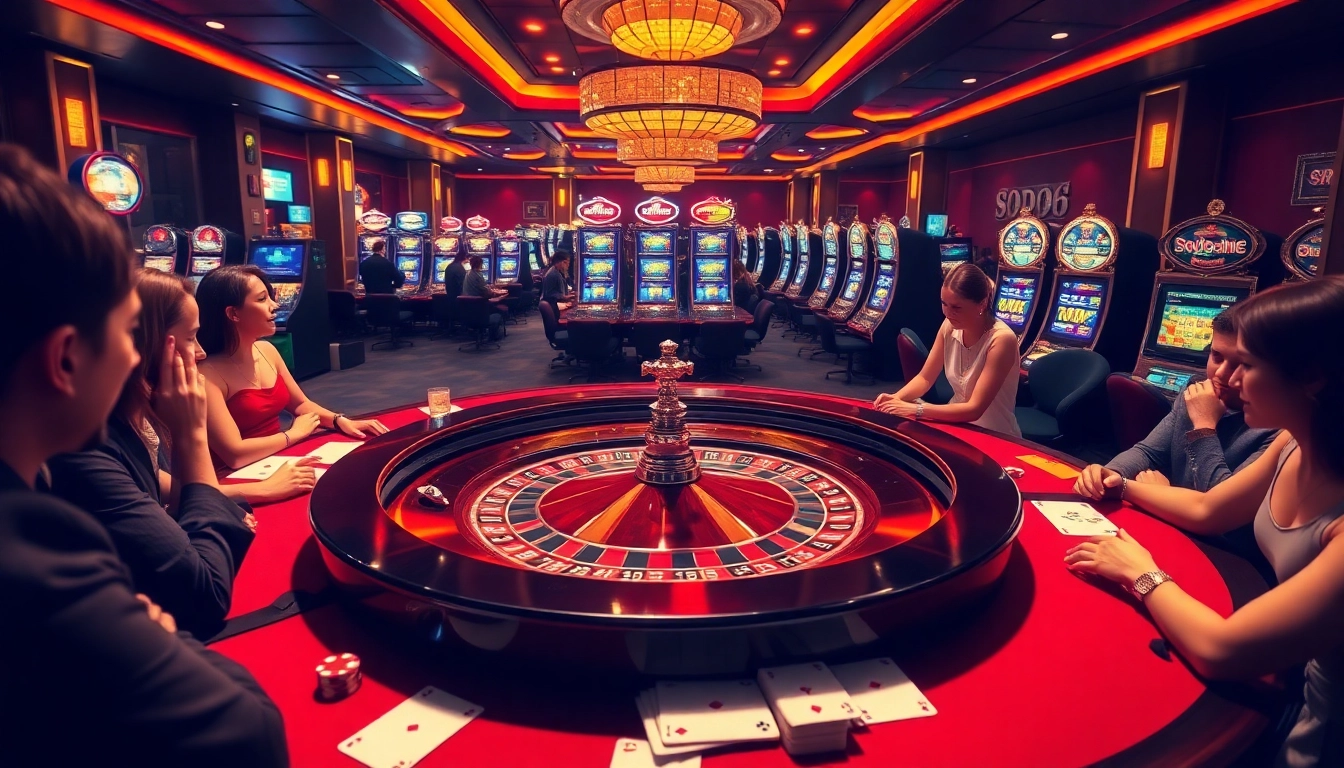 SODO66 branded roulette table surrounded by excited gamblers in a luxurious casino setting.