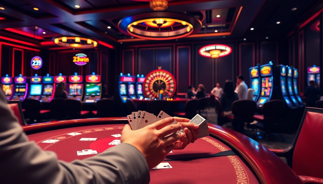 Experience the excitement of 23win with vibrant casino visuals showcasing poker tables, roulette wheels, and dynamic slot machines.