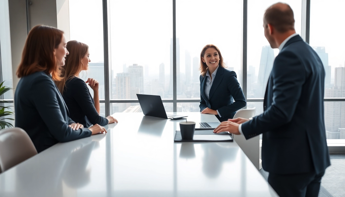Headhunter Schweiz bei der Interaktion mit Klienten in einem modernen Büro.