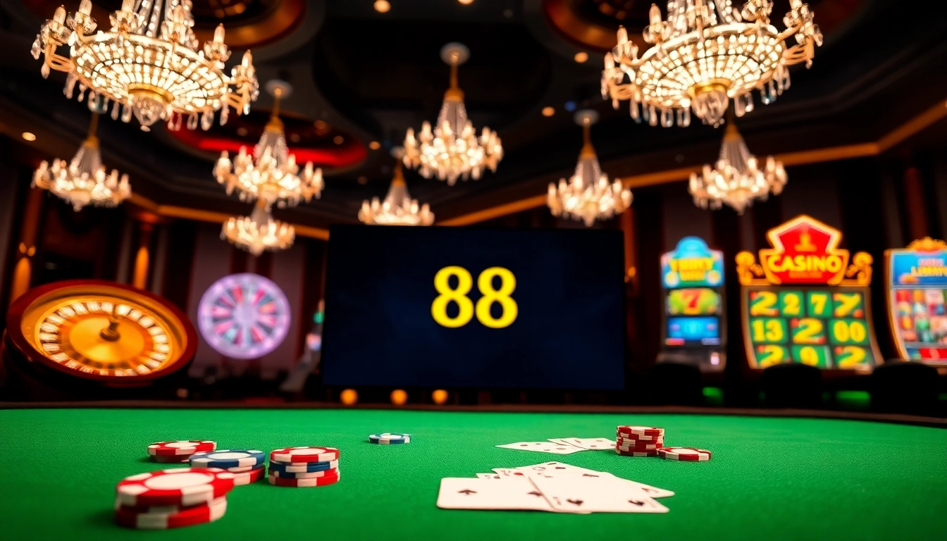 Engaging scene depicting 88i đăng nhập with vibrant poker chips and casino elements showcasing online gaming excitement.