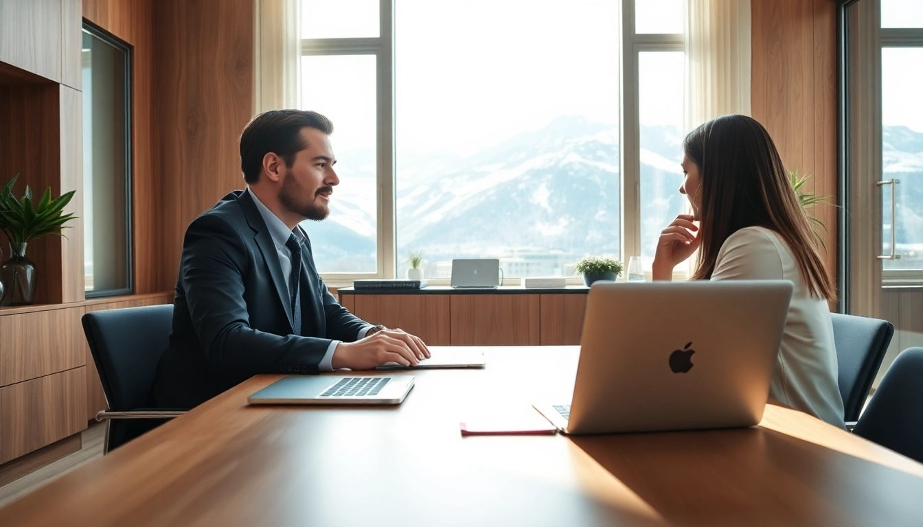 Headhunter Schweiz führt ein Gespräch in einem modernen Büro mit Blick auf die Alpen.