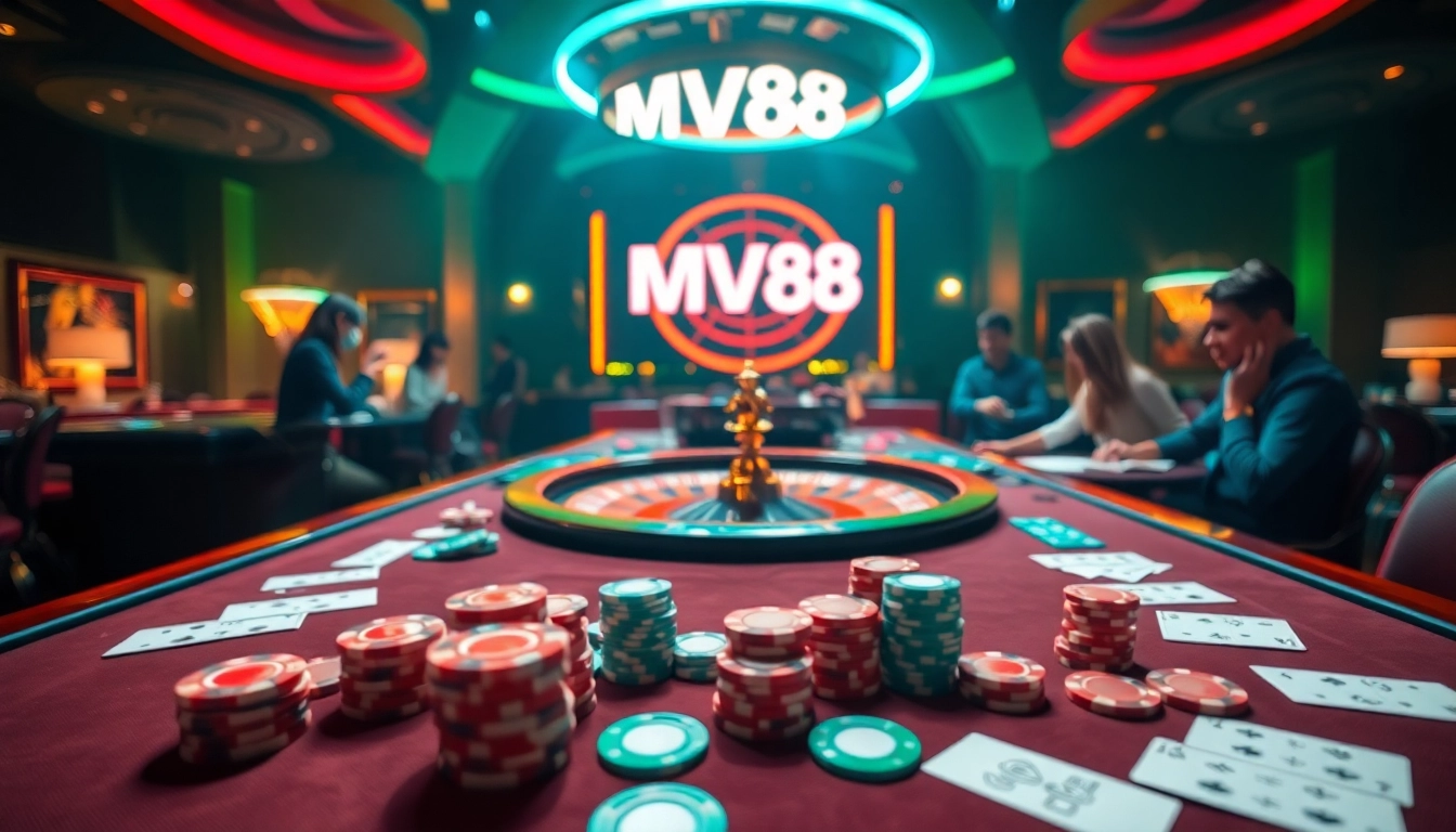 Winning gamblers celebrate their luck at the mv88 luxury casino table filled with cards and chips.