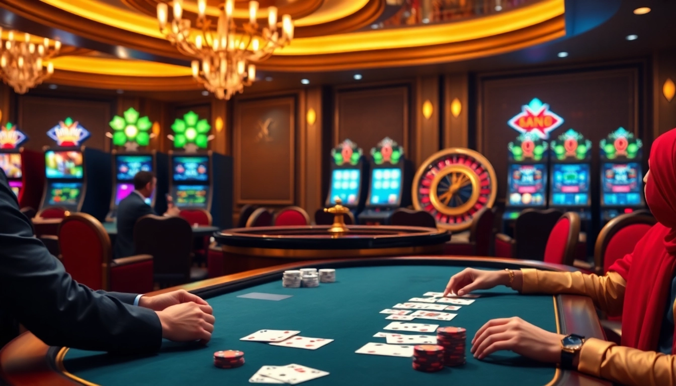 Engaging players enjoying MM88 ZO at a luxury casino poker table with vibrant slot machines.