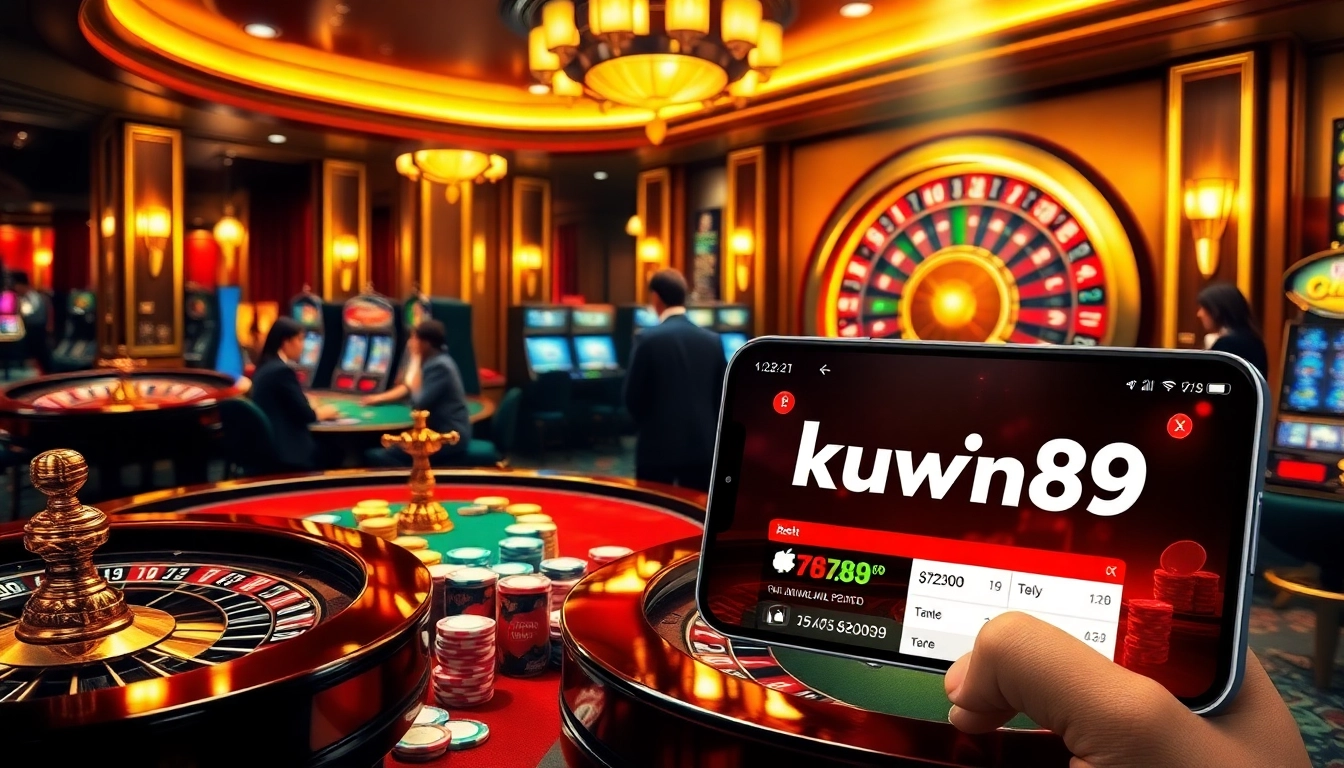 Kuwin 789 gaming experience featuring vibrant poker and roulette tables in a luxurious casino setting.