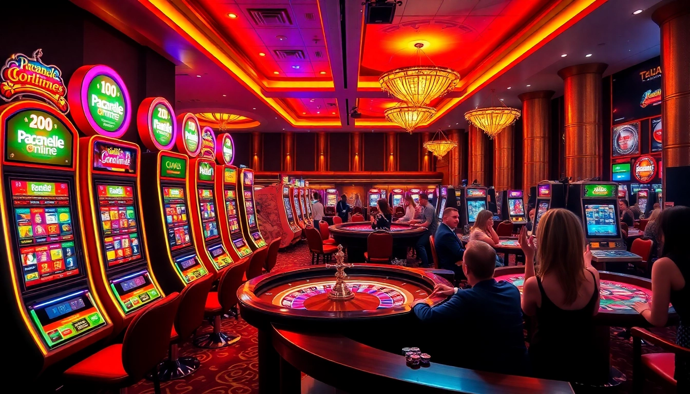 Scenă captivantă de Pacanele online Germania cu mașini de slot vibrante și jucători vivace la un cazino.