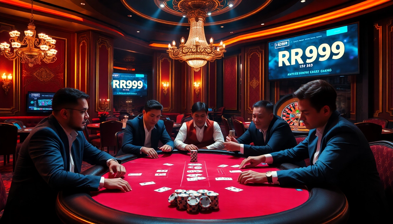 Players engage in a high-stakes poker game at RR99, surrounded by casino luxury and excitement.