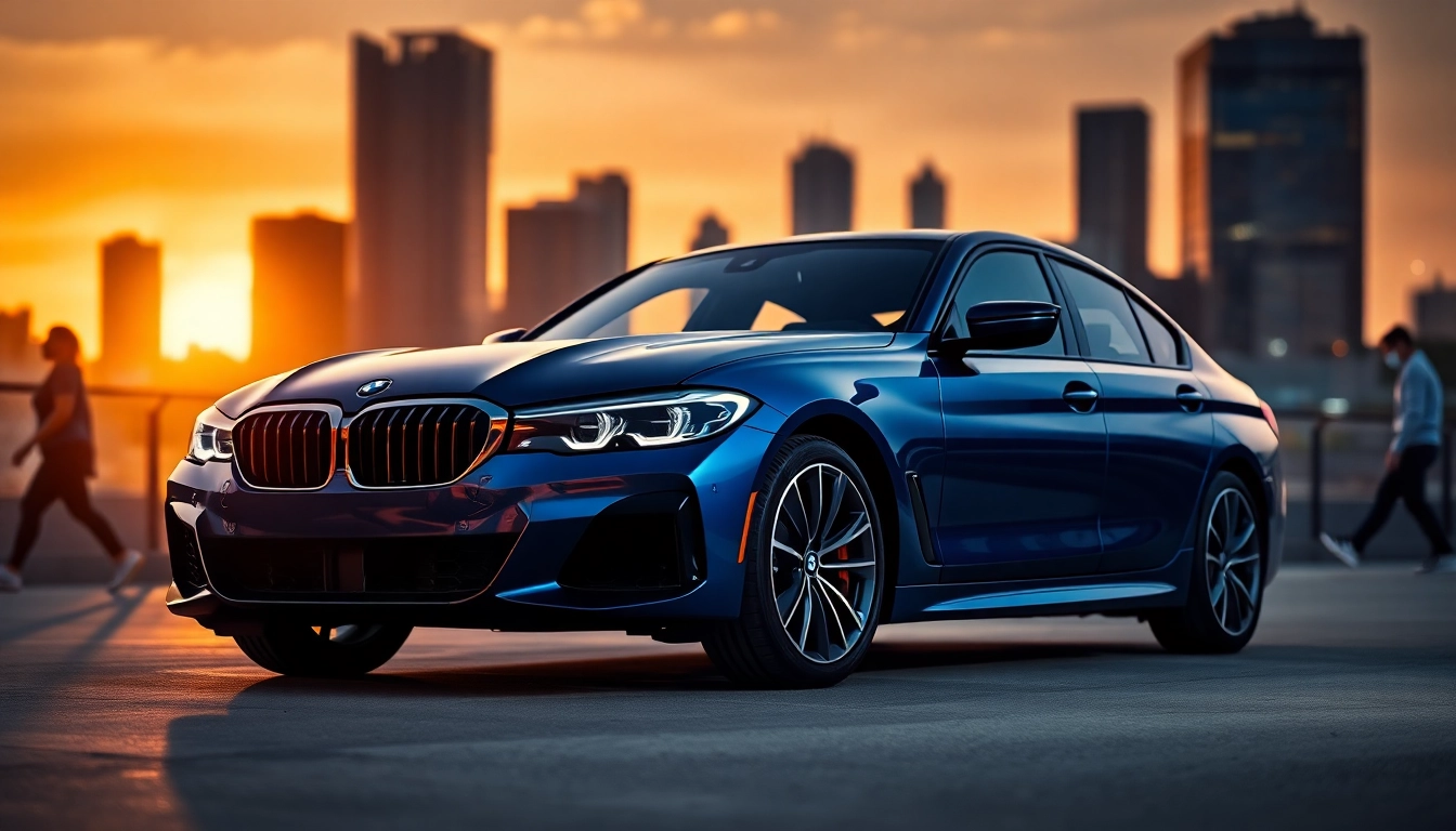 BMW kaufen: Eleganter neuer BMW in urbaner Umgebung bei Sonnenuntergang.