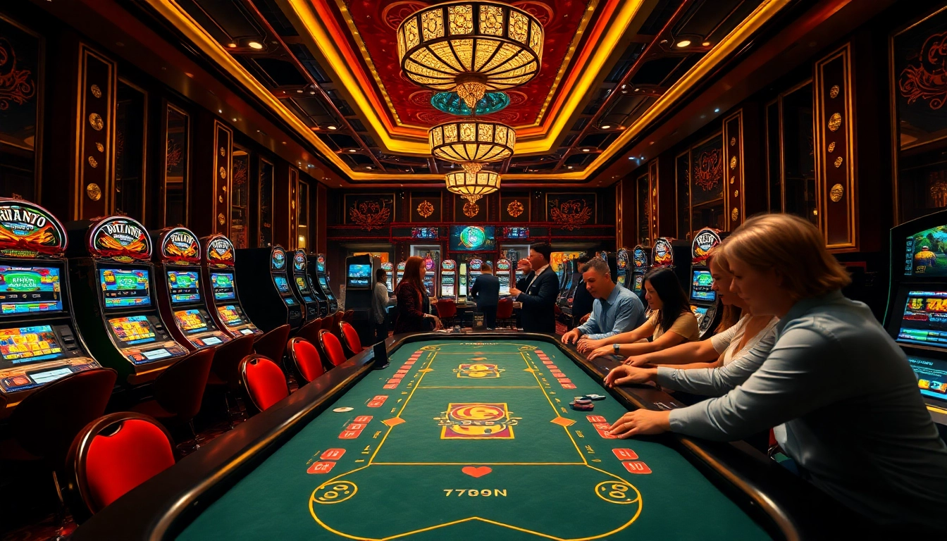 Players enjoying high-energy gambling at 789P casino tables amid glowing slot machines.