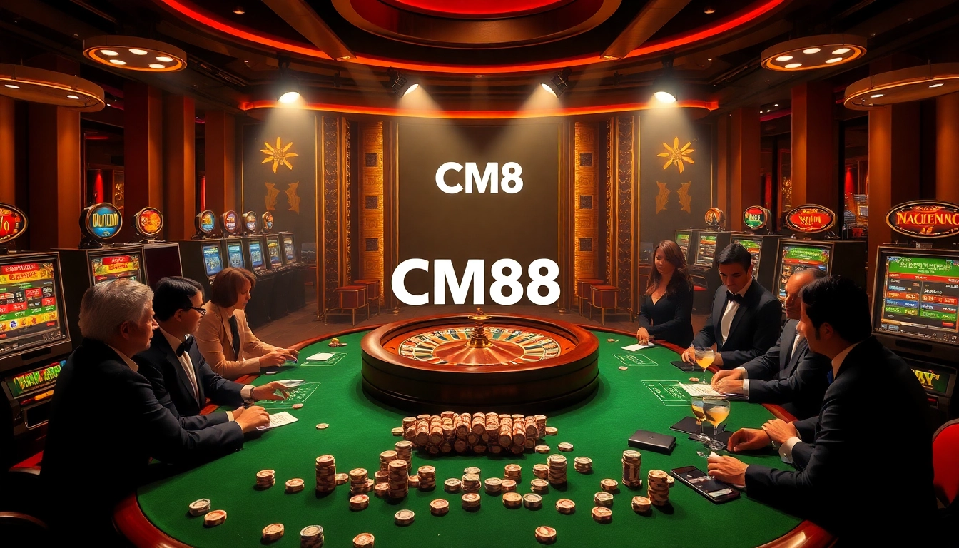 Engaging high-stakes casino scene featuring CM88 logo amidst poker chips and roulette.
