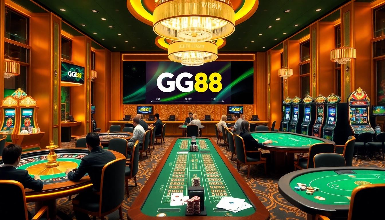 Experience high-stakes gaming at GG88 with vibrant casino tables, slot machines, and a luxurious atmosphere.
