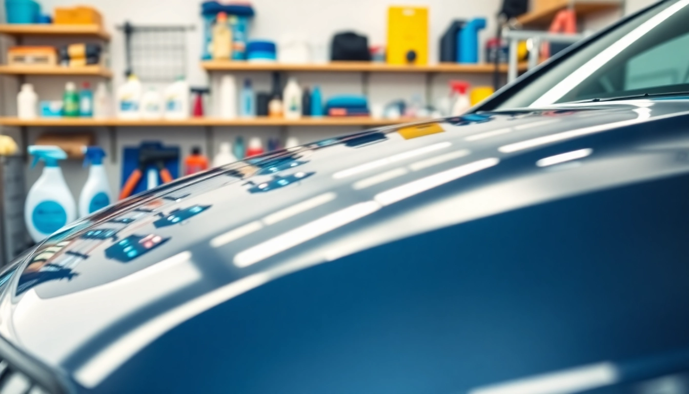 Fahrzeugaufbereitung in einer professionellen Werkstatt mit glänzendem Auto und Reinigungsprodukten
