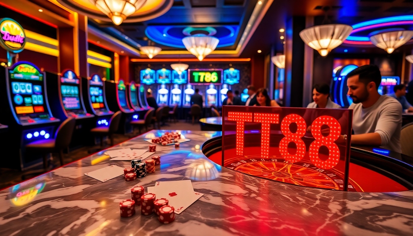 TT88 players celebrating wins at an upscale casino table, surrounded by vibrant slot machines.