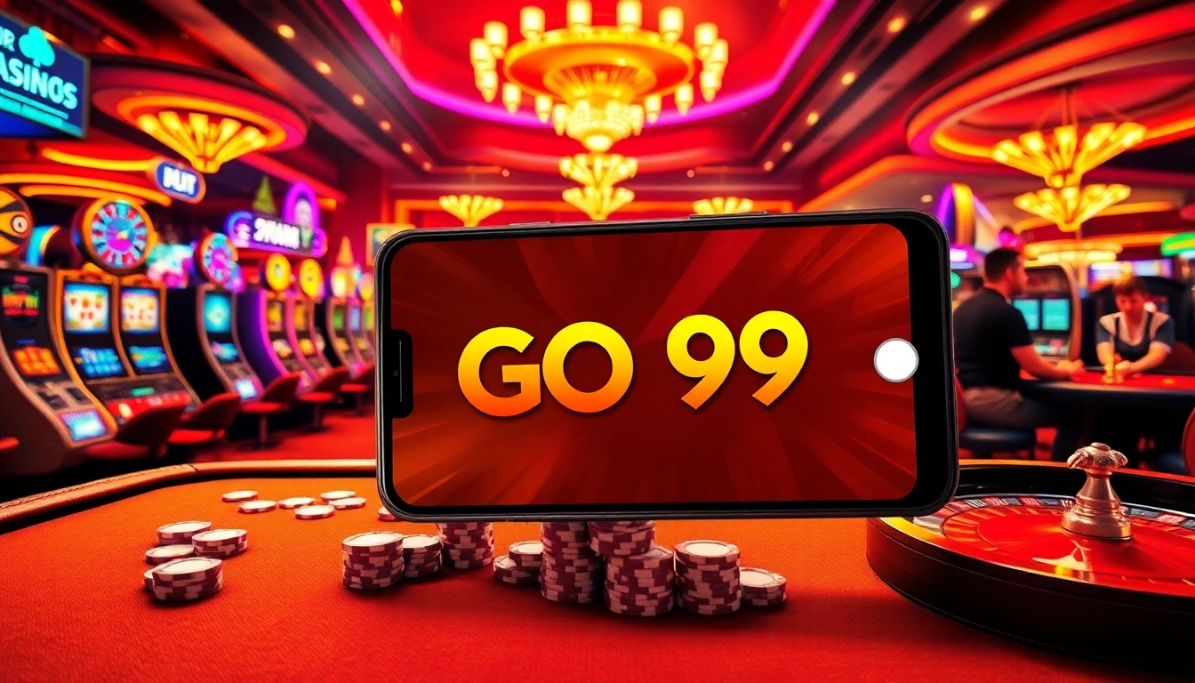 Engage with the GO99 app in a vibrant casino atmosphere showcasing slot machines and poker tables.