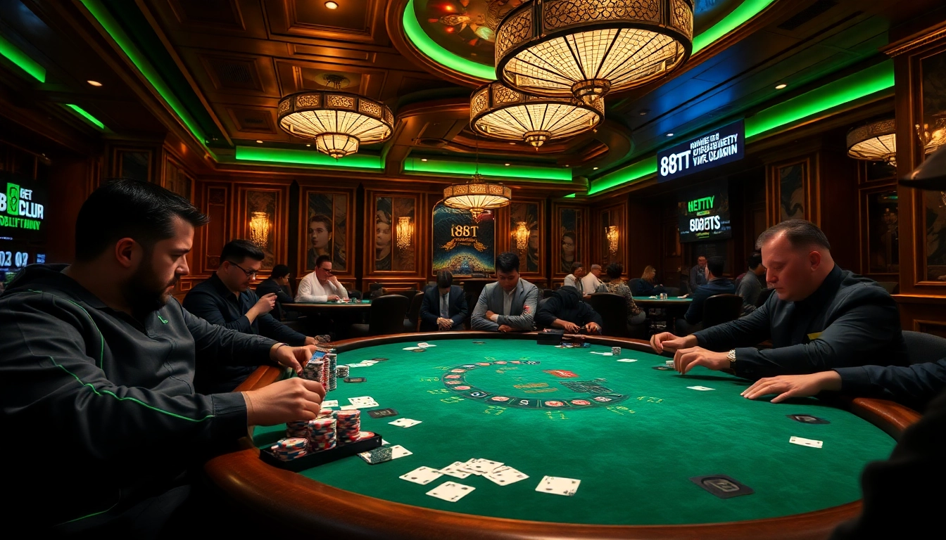 Players strategizing their bets at the 88TT poker table in a luxurious casino environment.