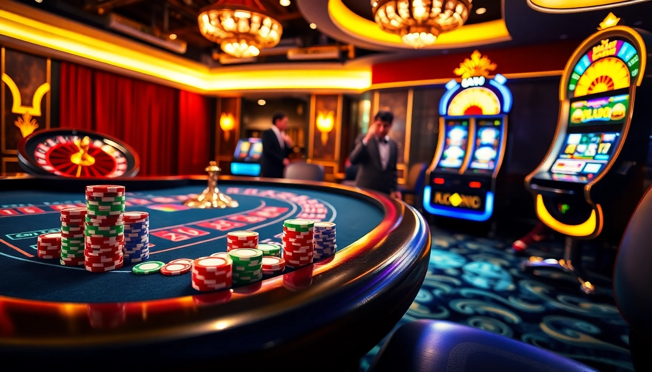 Experience the excitement of https://go888.jp.net/ with a vibrant casino gaming scene featuring a roulette wheel and poker chips.