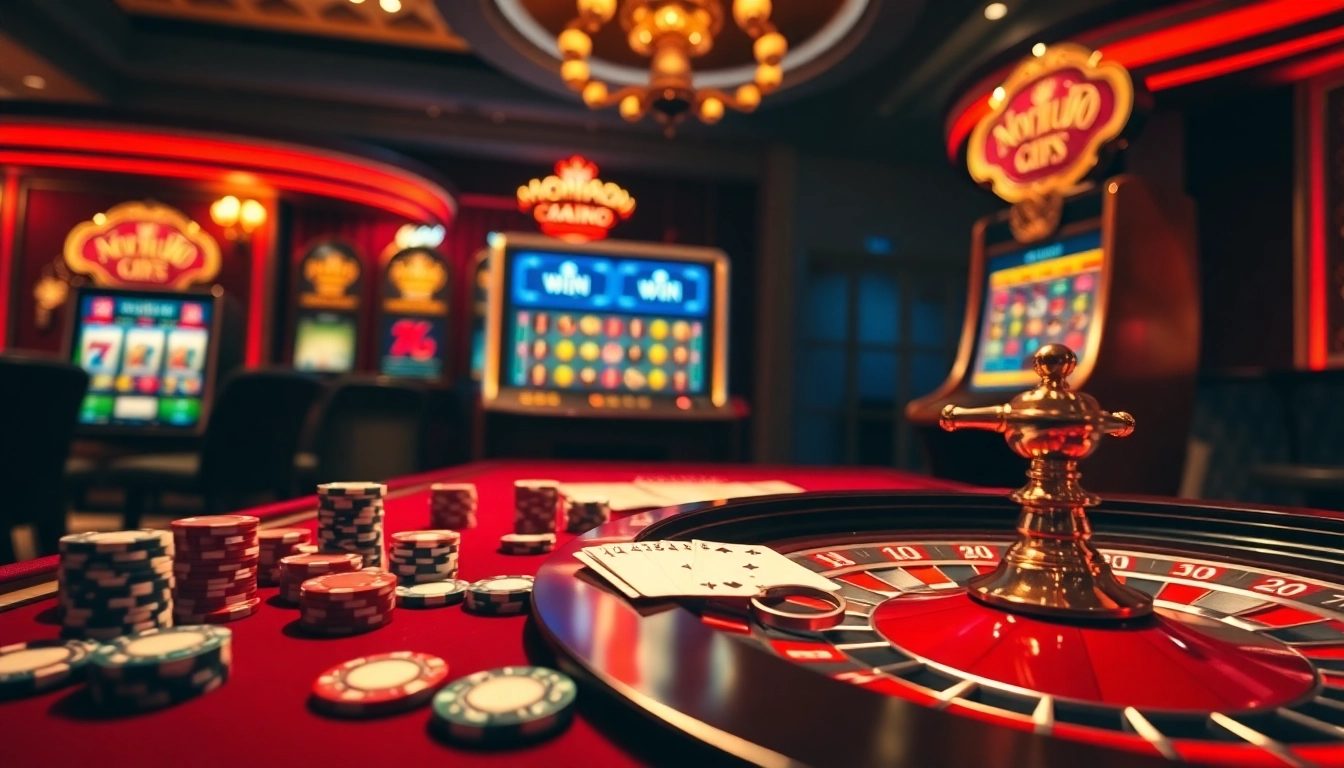 Nohu90 casino scene showcasing a thrilling poker table with vibrant chips, cards, and a roulette wheel.