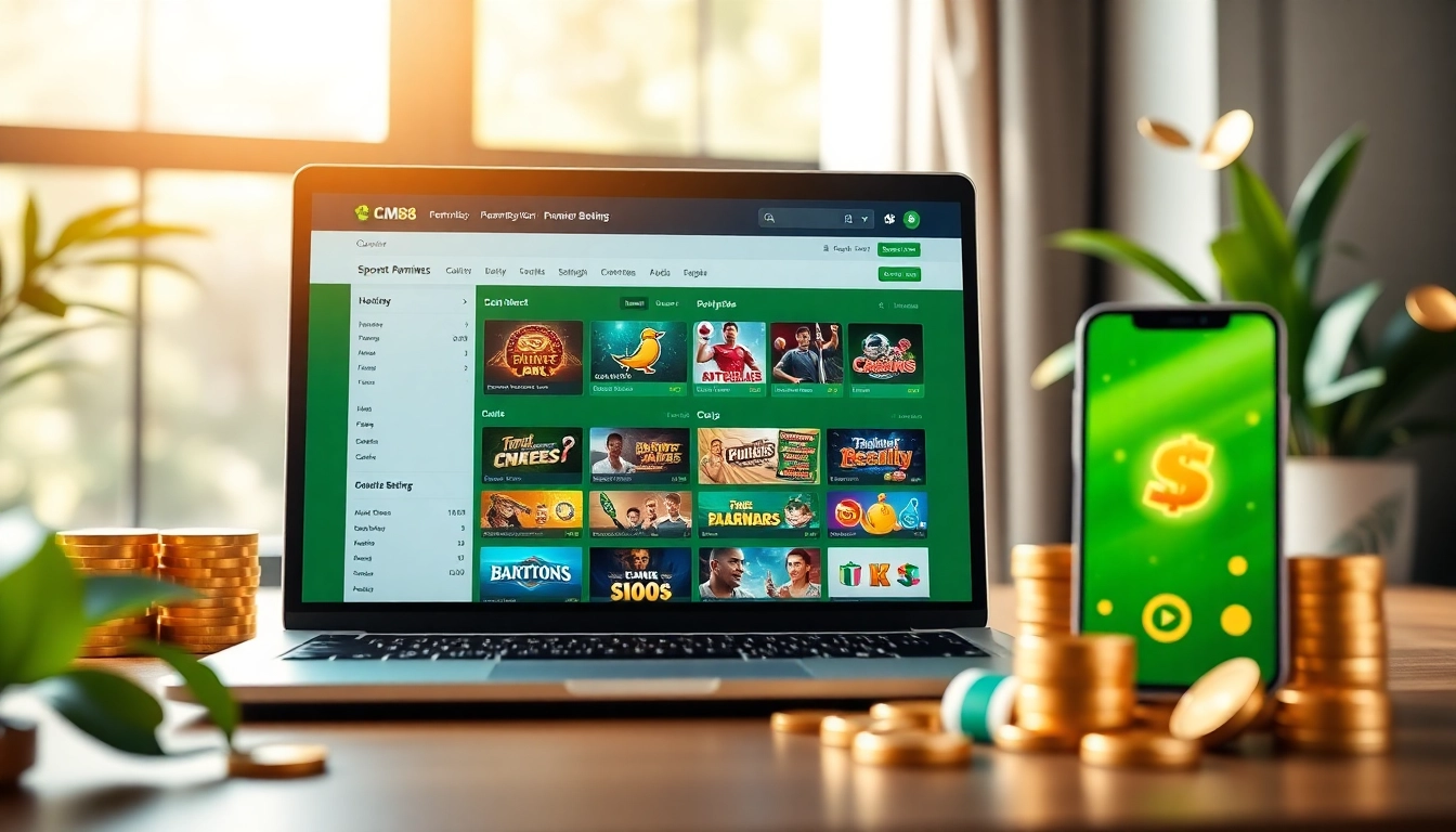 CM88 gaming interface on laptop and smartphone, showcasing online betting excitement.